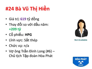 #24 Bà Vũ Thị Hiền
• Giá trị: 619 tỷ đồng
• Thay đổi so với đầu năm:
  +209 tỷ
• Cổ phiếu: HPG
• Lĩnh vực: Sắt thép
• Chức vụ: n/a
• Vợ ông Trần Đình Long (#6) –
  Chủ tịch Tập đoàn Hòa Phát
 