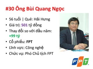 #30 Ông Bùi Quang Ngọc
• 56 tuổi | Quê: Hải Hưng
• Giá trị: 501 tỷ đồng
• Thay đổi so với đầu năm:
  +99 tỷ
• Cổ phiếu: FPT
• Lĩnh vực: Công nghệ
• Chức vụ: Phó Chủ tịch FPT
 