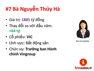 #7 Bà Nguyễn Thủy Hà
• Giá trị: 1885 tỷ đồng
• Thay đổi so với đầu năm:
  +64 tỷ
• Cổ phiếu: VIC
• Lĩnh vực: Bất động sản
• Chức vụ: Trưởng ban Hành
  chính Vingroup
 