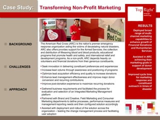 © Copyright 2012 TopRight, LLC. All Rights Reserved
Case Study: Transforming Non-Profit Marketing
Deployed broad
range of multi-
channel marketing
capabilities to
enhance growth of
Financial Donations
and Humanitarian
Services
Assisted in ARC
achieving their
marketing goals in
support of donor
development
Improved cycle time
for marketing
response and
constituent
outreach in times of
disaster
The American Red Cross (ARC) is the nation's premier emergency
response organization aiding the victims of devastating natural disasters.
ARC also offers provides support for the Armed Services; the collection
and distribution of lifesaving blood and blood products; educational
programs that promote health and safety; and international relief and
development programs. As a non-profit, ARC depends heavily on
volunteers and financial donations from their generous constituents.
BACKGROUND
RESULTS
 Seek innovation in delivering constituent preferences and experiences
 Increase lead volume through awareness and positioning of programs
 Optimize lead acquisition efficiency and quality to increase donations
 Enhance lead management effectiveness and improve major donor
conversion and recurring contributions
 Improve post-donation experience to maximize recurring donations
CHALLENGES
 Gathered business requirements and facilitated the process for
evaluation and selection of an Integrated Marketing Management
platform
 Partnered with Brand and Creative, Field Marketing and Consumer
Marketing departments to define processes, performance measures and
management reporting needs and then configured solution accordingly
 Assisted with deployment and rollout of the solution across the
organization – leading the change management process and facilitating
user adoption
APPROACH
®
13
 