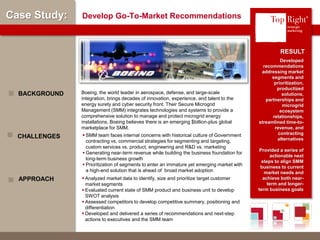 © Copyright 2012 TopRight, LLC. All Rights Reserved
Case Study: Develop Go-To-Market Recommendations
Developed
recommendations
addressing market
segments and
prioritization,
productized
solutions,
partnerships and
microgrid
ecosystem
relationships,
streamlined time-to-
revenue, and
contracting
alternatives
Provided a series of
actionable next
steps to align SMM
business to current
market needs and
achieve both near-
term and longer-
term business goals
Boeing, the world leader in aerospace, defense, and large-scale
integration, brings decades of innovation, experience, and talent to the
energy surety and cyber security front. Their Secure Microgrid
Management (SMM) integrates technologies and systems to provide a
comprehensive solution to manage and protect microgrid energy
installations. Boeing believes there is an emerging $billion-plus global
marketplace for SMM.
BACKGROUND
RESULT
CHALLENGES
 Analyzed market data to identify, size and prioritize target customer
market segments
 Evaluated current state of SMM product and business unit to develop
SWOT analysis
 Assessed competitors to develop competitive summary, positioning and
differentiation
 Developed and delivered a series of recommendations and next-step
actions to executives and the SMM team
APPROACH
®
 SMM team faces internal concerns with historical culture of Government
contracting vs. commercial strategies for segmenting and targeting,
custom services vs. product, engineering and R&D vs. marketing
 Generating near-term revenue while building the business foundation for
long-term business growth
 Prioritization of segments to enter an immature yet emerging market with
a high-end solution that is ahead of broad market adoption
 