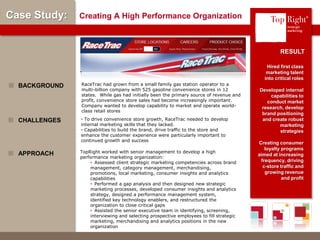 © Copyright 2012 TopRight, LLC. All Rights Reserved
Case Study: Creating A High Performance Organization
Hired first class
marketing talent
into critical roles
Developed internal
capabilities to
conduct market
research, develop
brand positioning
and create robust
marketing
strategies
Creating consumer
loyalty programs
aimed at increasing
frequency, driving
c-store traffic and
growing revenue
and profit
RESULT
• To drive convenience store growth, RaceTrac needed to develop
internal marketing skills that they lacked.
• Capabilities to build the brand, drive traffic to the store and
enhance the customer experience were particularly important to
continued growth and success
CHALLENGES
TopRight worked with senior management to develop a high
performance marketing organization:
• Assessed client strategic marketing competencies across brand
management, category management, merchandising,
promotions, local marketing, consumer insights and analytics
capabilities
• Performed a gap analysis and then designed new strategic
marketing processes, developed consumer insights and analytics
strategy, designed a performance management system,
identified key technology enablers, and restructured the
organization to close critical gaps
• Assisted the senior executive team in identifying, screening,
interviewing and selecting prospective employees to fill strategic
marketing, merchandising and analytics positions in the new
organization
APPROACH
®
RaceTrac had grown from a small family gas station operator to a
multi-billion company with 525 gasoline convenience stores in 12
states. While gas had initially been the primary source of revenue and
profit, convenience store sales had become increasingly important.
Company wanted to develop capability to market and operate world-
class retail stores
BACKGROUND
 