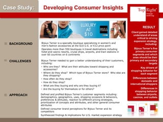© Copyright 2012 TopRight, LLC. All Rights Reserved
Case Study: Developing Consumer Insights
Client gained detailed
understand of areas
critical to driving
expansion strategy,
including:
Bijoux Terner’s five
primary consumer
segments and which
ones should be their
primary and secondary
targets
Key drivers of
shopping behavior for
each segment
Differences between
domestic and
international shoppers
Differences in
shopping behavior
between airports,
casinos, and outlets
Bijoux Terner is a specialty boutique specializing in women’s and
men's fashion accessories at the $10 U.S. or €12 price point
Operates more than 550 boutiques in travel destinations including
hotel and casino resorts, cruise ships, airports, and train stations in
over 60 countries on 6 continents
BACKGROUND
RESULT
Bijoux Terner needed to gain a better understanding of their customers,
including:
• Who are they? What are their attitudes toward shopping and
accessories?
• Where do they shop? Which type of Bijoux Terner store? Who else are
they shopping?
• How often do they shop?
• How do they shop?
• What are they buying and why are they buying it?
• Are the buying for themselves or for others?
CHALLENGES
Defined and profiled Bijoux Terner’s customer segments including:
demographics, geographics, uses, shopping occasions & behaviors,
preferences & attitudes, reaction to different pricing strategies,
prioritization of concepts and attributes, and other general consumer
attributes
Defined consumer brand perceptions for Bijoux Terner and its
competitors
Synthesized findings & implications for U.S. market expansion strategy
APPROACH
®
 