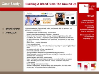 © Copyright 2012 TopRight, LLC. All Rights Reserved
Case Study: Building A Brand From The Ground Up
Opened store on
time as promised.
Successfully
launched
ecommerce site on
time as promised.
Store exceeded 1st
quarter sales
targets by 35%.
TopRight developed the SharpMart brand and assisted with the launch of the
pilot store in Louisville, KY:
BACKGROUND
RESULT
• Build the Brand & Store Marketing Infrastructure
• Develop brand-level marketing materials & standards
• Generate local awareness of the concept store opening (in Louisville, KY)
• Launch the New Store & Execute on Grand Opening Drive traffic to new store
for its grand opening. Create buzz and "happening" surrounding the new store
opening
• Press media & content standards
• Press release content
• Local media stories (e.g. informational pieces regarding the upcoming brand and
store)
• Announcements (e.g. to local organizations)
• Community outreach materials
• Sponsorships and relationship materials for local organizations
• Store Associate marketing materials and training kits (regarding marketing
standards and messaging)
• Signage artwork, standards and templates
• Brand brochures, in-store display templates, promo/deal call-out templates
• Direct Marketing procedures, protocols, training guides and templates
• FSI templates
• Radio strategy and deployment plan
• Website Development: Website design and development (including static,
dynamic and simple data collection capabilities)
APPROACH
®
 