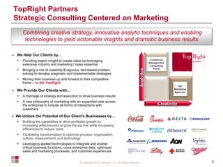 © Copyright 2012 TopRight, LLC. All Rights Reserved
TopRight Partners
Strategic Consulting Centered on Marketing
Traditional
Management
Consulting
Firms
Creativity
Analytics
Ad/
Marketing
Agencies
 We Help Our Clients by…
 Providing expert insight to create value by leveraging
extensive industry and marketing / sales expertise
 Bringing a mix of creativity & rigorous, fact-based problem
solving to develop pragmatic and implementable strategies
 Moving their business up and forward in their competitive
frame – to the TopRight
 We Provide Our Clients with…
 A marriage of strategy and execution to drive business results
 A new philosophy of marketing with an expanded view across
the enterprise to include all forms of interactions with
customers
 We Unlock the Potential of Our Client’s Businesses by…
 Building the capabilities to drive profitable growth by
increasing effectiveness to grow the top line while increasing
efficiencies to reduce costs
 Facilitating transformation to optimize process, organization,
culture, measurement, and technology
 Leveraging applied technologies to integrate and enable
critical business functions, cross-enterprise data, optimized
sales and marketing processes, and customer experiences
Combining creative strategy, innovative analytic techniques and enabling
technologies to yield actionable insights and dramatic business results
3
 