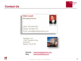 © Copyright 2012 TopRight, LLC. All Rights Reserved
Contact Us
31
TopRight, LLC
11921 Freedom Drive
Suite 500
Reston, VA 20190
Mark Landi
Managing Partner
Office: 678-384-6700
Mobile: 703-625-7421
Email: mlandi@toprightpartners.com
Website: www.toprightpartners.com
Blog: www.toprightblog.com
 
