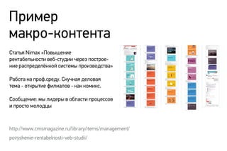 Пример
макро-контента
http://www.cmsmagazine.ru/library/items/management/
povyshenie-rentabelnosti-veb-studii/
Статья Nimax «Повышение
рентабельности веб-студии через построе-
ние распределённой системы производства»
Работа на проф.среду. Скучная деловая
тема - открытие филиалов - как комикс.
Сообщение: мы лидеры в области процессов
и просто молодцы
 
