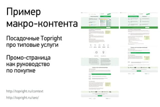 Пример
макро-контента
http://topright.ru/context
http://topright.ru/seo/
Посадочные Topright
про типовые услуги
Промо-страница
как руководство
по покупке
 