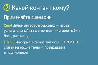 Какой контент кому?
(See) Вялый интерес в соцсетях → через
увлекательный микро-контент → в свои паблик,
блог, рассылку
(Think) Информационные запросы → CPC/SEO →
статьи на общие темы → превращаем
в подписчиков
Применяйте сценарии
 