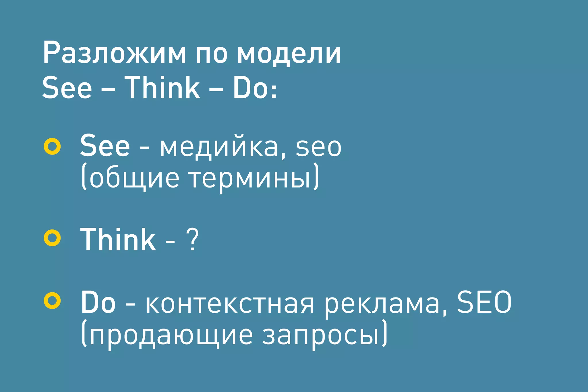 Разложим по модели
See – Think – Do:
See - медийка, seo
(общие термины)
Think - ?
Do - контекстная реклама, SEO
(продающие запросы)
 