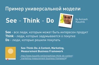 See - Think - Do
See - все люди, которым может быть интересен продукт
Think - люди, которые задумываются о покупке
Do - люди, которые решили покупать
See-Think-Do: A Content, Marketing,
Measurement Business Framework
http://www.kaushik.net/avinash/see-think-do-content-
marketing-measurement-business-framework/
Пример универсальной модели
by Avinash
Kaushik
 