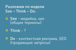 Разложим по модели
See – Think – Do:
See - медийка, seo
(общие термины)
Think - ?
Do - контекстная реклама, SEO
(продающие запросы)
 