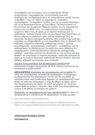συναισθήματα και τις απόψεις τους-να αποκτήσουν θετική
αυτοεκτίμηση ( παρουσιάζοντας τα επιτεύγματα τους όταν
ολοκληρώνουν μια δραστηριότητα).-να συνεργάζονται μεταξύ τους και
να βοηθούν ο ένας τον άλλον- να παρατηρούν, να βγάζουν
συμπεράσματα- να εκφράζουν τις ιδέες τους για το ουράνιο στερέωμα
και να τις διαπραγματεύονται με τους άλλους. Να διερευνήσουν τις
δυνατότητες που προσφέρουν διάφορα πλαίσια, για την έκφραση και
επικοινωνία των ιδεών τους.- να αναγνωρίσουν την ανεπάρκεια
ορισμένων ιδεών τους, σε σχέση με το ουράνιο στερέωμα και να
υιοθετήσουν τις διαπιστώσεις αυτές ως ερωτήματα προς διερεύνηση.-να
θέτουν στόχους-να μαθαίνουν μέσα από την συμμετοχή τους, σε
πρακτικές και κοινωνικές δραστηριότητες, όπου μεγάλη συμμετοχή έχει
η γλώσσα.-να αλληλεπιδρούν με τους συμμαθητές τους-να εξασκούν την
πολλαπλή νοημοσύνη (γλωσσική, μαθηματική, οπτική – χωρική,
συναισθηματική, νατουραλιστική, υπαρξιακή).- να αναδείξουν και να
καλλιεργήσουν τις δεξιότητες και τις ικανότητες τους.επιδιώξεις του
προγράμματος:- ανάπτυξη δεξιοτήτων σκέψης και επιστημονικής
μεθόδου.- κατανόηση εννοιών και εξοικείωση με τους τρόπους που μας
βοηθούν να γνωρίσουμε το ουράνιο στερέωμα - απόκτηση εμπειριών σε
σχέση με το ουράνιο στερέωμα- καλλιέργεια θετικών στάσεων προς την
μάθηση, σεβασμού κι εκτίμησης προς το σύμπαν
ΕΙΔΙΚΟΙ ΠΑΙΔΑΓΩΓΙΚΟΙ ΚΑΙ ΜΑΘΗΣΙΑΚΟΙ ΣΤΟΧΟΙΚάθε
νηπιαγωγείο ή τμήμα νηπιαγωγείου, θα θέσει στόχους ανάλογα με την
συγκεκριμένη ομάδα παιδιών
ΑΞΙΟΛΟΓΗΣΗ αξιολόγηση του προγράμματος από τα παιδιά Στο
τέλος του προγράμματος, τα παιδιά θα αξιολογήσουν το πρόγραμμα
συμπληρώνοντας ένα συγκεκριμένο έντυπο που θα τους δοθεί, με
ερωτήσεις όπως: πως ένιωθες στην διάρκεια του προγράμματος? τι σου
άρεσε πιο πολύ στο πρόγραμμα? τι άλλο θα ήθελες να είχαμε κάνει?
ποια δραστηριότητα σου άρεσε πιο πολύ? ζωγράφισε τον εαυτό σου
αστροταξιδευτή ονείρου. .τώρα που είσαι κι εσύ ένας αστροταξιδευτής
ονείρου τι θα ήθελες να επιτύχεις στο μέλλον?
αξιολόγηση του προγράμματος από τους εκπαιδευτικούςστο τέλος του
προγράμματος οι εκπαιδευτικοί θα αξιολογήσουν το έργο, ως εξής:
1. κάνοντας την δική τους αυτοαξιολόγηση
2. αξιολογώντας τα παιδιά ως προς τους γενικούς και ειδικούς στόχους που
έθεσαν, και ως προς τις δεξιότητες και τις στάσεις που απέκτησαν τα παιδιά.
ΧΡΟΝΟΔΙΑΓΡΑΜΜΑ ΕΡΓΟΥ
ΝΟΕΜΒΡΙΟΣ
 