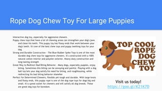 Rope Dog Chew Toy For Large Puppies
Interactive dog toy, especially for aggressive chewers
Puppy chew toys that have a lot of chewing areas can strengthen your dog's jaws
and clean his teeth. This puppy toy has flossy ends that work between your
dog's teeth. It's one of the best chew toys and puppy teething toys for your
dog.
Strong and Durable Construction - The Blue Rubber Spike Toys is one of the most
durable dog chew toys for aggressive chewers. It's constructed with a 100%
natural cotton interior and polyster exterior. Heavy-duty construction and
long-lasting strength
Great Way to Redirect Bad Biting Behavior - Many dogs, especially puppies, enjoy
biting. Sometimes this biting can be annoying and painful. Playing with a dog
ball toy lets your dog satisfy his need for biting, and roughhousing, while
redirecting his bad biting behavior elsewher
Perfect for Determined Chewers, flexible yet tough and durable. With large knots
and flossy ends, this puppy rope is one of the dog rope toys for dogs big and
small. It's a great outlet for chewers and will satisfy all dog breeds. These
are great dog toys for boredom.
Visit us today!
https://goo.gl/K21K7D
 
