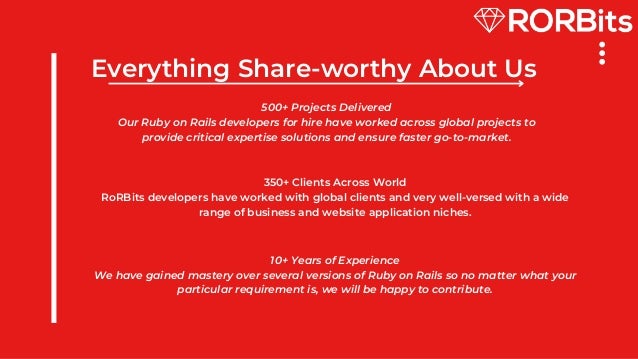 Everything Share-worthy About Us
500+ Projects Delivered
Our Ruby on Rails developers for hire have worked across global projects to
provide critical expertise solutions and ensure faster go-to-market.
350+ Clients Across World
RoRBits developers have worked with global clients and very well-versed with a wide
range of business and website application niches.
10+ Years of Experience
We have gained mastery over several versions of Ruby on Rails so no matter what your
particular requirement is, we will be happy to contribute.
 
