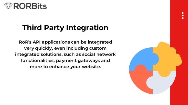 Third Party Integration
RoR’s API applications can be integrated
very quickly, even including custom
integrated solutions, such as social network
functionalities, payment gateways and
more to enhance your website.
 
