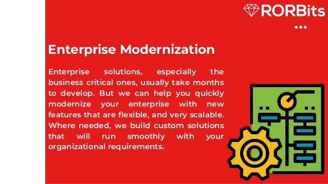 Enterprise Modernization
Enterprise solutions, especially the
business critical ones, usually take months
to develop. But we can help you quickly
modernize your enterprise with new
features that are flexible, and very scalable.
Where needed, we build custom solutions
that will run smoothly with your
organizational requirements.
 