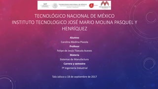 TECNOLÓGICO NACIONAL DE MÉXICO
INSTITUTO TECNOLOGICO JOSÉ MARIO MOLINA PASQUEL Y
HENRÍQUEZ
Alumno
Carolina Medina Plazola
Profesor
Felipe de Jesús Tlaxcala Aceves
Materia
Sistemas de Manufactura
Carrera y semestre
7º Ingeniería Industrial
Tala Jalisco a 18 de septiembre de 2017
•
 