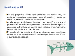 Beneficios de 8D
Es una propuesta eficaz para encontrar una causa raíz, las
acciones correctivas apropiadas para eliminarla, y poner en
acción la ejecución correctiva permanente.
Ayuda a explorar el sistema de control que permitió que ocurra el
problema el punto de escape se estudia con el fin de mejorar la
capacidad del sistema de control para detectar prematuramente
la falta o su causa si ocurre otra vez.
El circuito de prevención explora los sistemas que permitieron
que se dé la situación en la cual se activó por primera vez la falla
y su mecanismo causal.
 