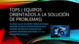 TOPS ( EQUIPOS
ORIENTADOS A LA SOLUCIÓN
DE PROBLEMAS)
ALUMNO: ALLAN SALVADOR TORRES ALVARADO
MAESTRO: TLAXCALA ACEVES FELIPE DE JESUS
MATERIA: SISTEMAS DE MANUFACTURA
CARRERA: INGENIERIA INDUSTRIAL T/V- 6-B
NO.CONTROL:15061013
 