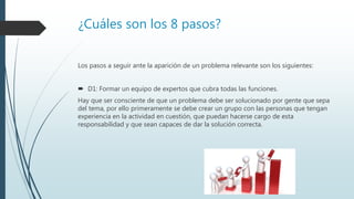 ¿Cuáles son los 8 pasos?
Los pasos a seguir ante la aparición de un problema relevante son los siguientes:
 D1: Formar un equipo de expertos que cubra todas las funciones.
Hay que ser consciente de que un problema debe ser solucionado por gente que sepa
del tema, por ello primeramente se debe crear un grupo con las personas que tengan
experiencia en la actividad en cuestión, que puedan hacerse cargo de esta
responsabilidad y que sean capaces de dar la solución correcta.
 