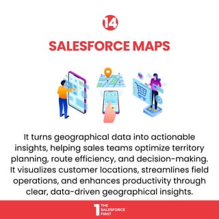 It turns geographical data into actionable
insights, helping sales teams optimize territory
planning, route efficiency, and decision-making.
It visualizes customer locations, streamlines field
operations, and enhances productivity through
clear, data-driven geographical insights.
SALESFORCE MAPS
SALESFORCE MAPS
1
1
14
14
 