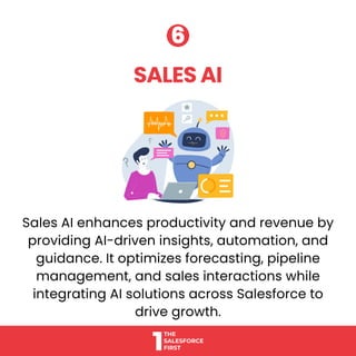 Sales AI enhances productivity and revenue by
providing AI-driven insights, automation, and
guidance. It optimizes forecasting, pipeline
management, and sales interactions while
integrating AI solutions across Salesforce to
drive growth.
SALES AI
SALES AI
6
6
 