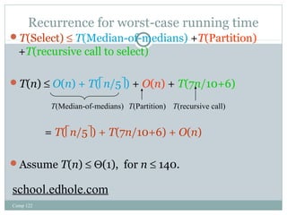 Recurrence for worst-case running time 
T(Select) £ T(Median-of-medians) +T(Partition) 
+T(recursive call to select) 
T(n) £ O(n) + T(én/5ù) + O(n) + T(7n/10+6) 
Comp 122 
T(Median-of-medians) T(Partition) T(recursive call) 
= T(én/5ù) + T(7n/10+6) + O(n) 
Assume T(n) £ Q(1), for n £ 140. 
school.edhole.com 
 
