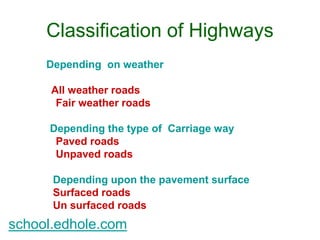 Classification of Highways 
Depending on weather 
All weather roads 
Fair weather roads 
National highway act ( 1956 ) 
Depending the type of Carriage way 
Paved roads 
Unpaved roads 
Depending upon the pavement surface 
Surfaced roads 
Un surfaced roads 
school.edhole.com 
 