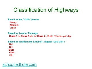 Classification of Highways 
Based on the Traffic Volume 
Heavy 
Medium 
Light 
Based on Load or Tonnage 
Class 1 or Class 2 etc or Class A , B etc Tonnes per day 
Based on location and function ( Nagpur road plan ) 
NH 
SH 
MDR 
ODR 
VR 
school.edhole.com 
 