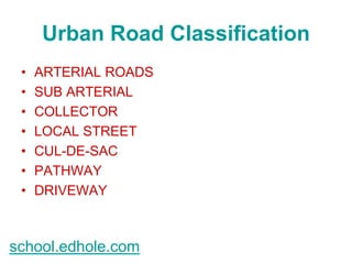 Urban Road Classification 
• ARTERIAL ROADS 
• SUB ARTERIAL 
• COLLECTOR 
• LOCAL STREET 
• CUL-DE-SAC 
• PATHWAY 
• DRIVEWAY 
school.edhole.com 
 