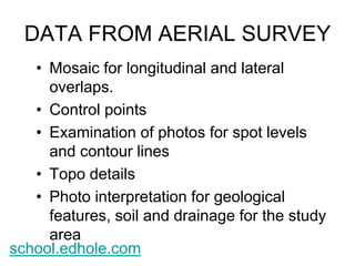 DATA FROM AERIAL SURVEY 
• Mosaic for longitudinal and lateral 
overlaps. 
• Control points 
• Examination of photos for spot levels 
and contour lines 
• Topo details 
• Photo interpretation for geological 
features, soil and drainage for the study 
area 
school.edhole.com 
 