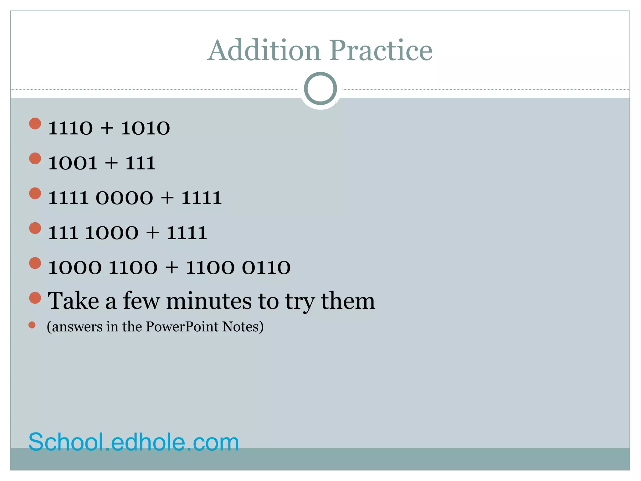 Addition Practice 
1110 + 1010 
1001 + 111 
1111 0000 + 1111 
111 1000 + 1111 
1000 1100 + 1100 0110 
Take a few minutes to try them 
 (answers in the PowerPoint Notes) 
School.edhole.com 
 