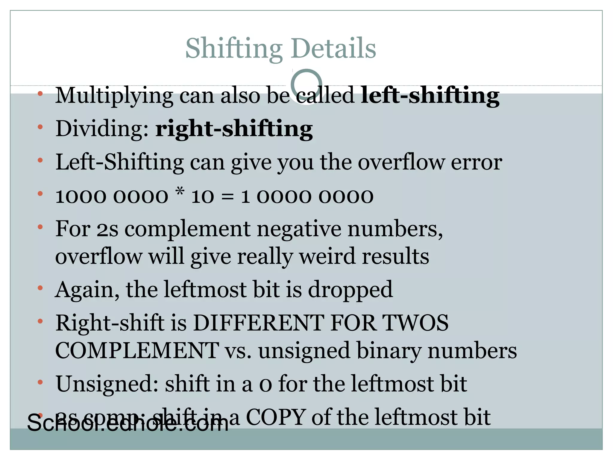 Shifting Details 
• Multiplying can also be called left-shifting 
• Dividing: right-shifting 
• Left-Shifting can give you the overflow error 
• 1000 0000 * 10 = 1 0000 0000 
• For 2s complement negative numbers, 
overflow will give really weird results 
• Again, the leftmost bit is dropped 
• Right-shift is DIFFERENT FOR TWOS 
COMPLEMENT vs. unsigned binary numbers 
• Unsigned: shift in a 0 for the leftmost bit 
• 2s comp: shift School.edhole.co imn a COPY of the leftmost bit 
 