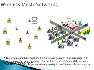 In a wireless mesh network, multiple nodes cooperate to relay a message to its 
destination. The mesh topology enhances the overall reliability of the network, 
which is particularly important when operating in harsh industrial school.edhole.com environments. 
10 
 