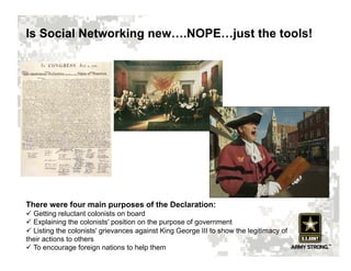 Is Social Networking new….NOPE…just the tools!




There were four main purposes of the Declaration:
ü  Getting reluctant colonists on board
ü  Explaining the colonists' position on the purpose of government
ü  Listing the colonists' grievances against King George III to show the legitimacy of
their actions to others
ü  To encourage foreign nations to help them
 
