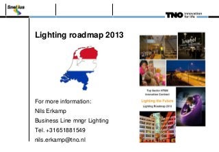 Lighting roadmap 2013
For more information:
Nils Erkamp
Business Line mngr Lighting
Tel. +31651881549
nils.erkamp@tno.nl
 