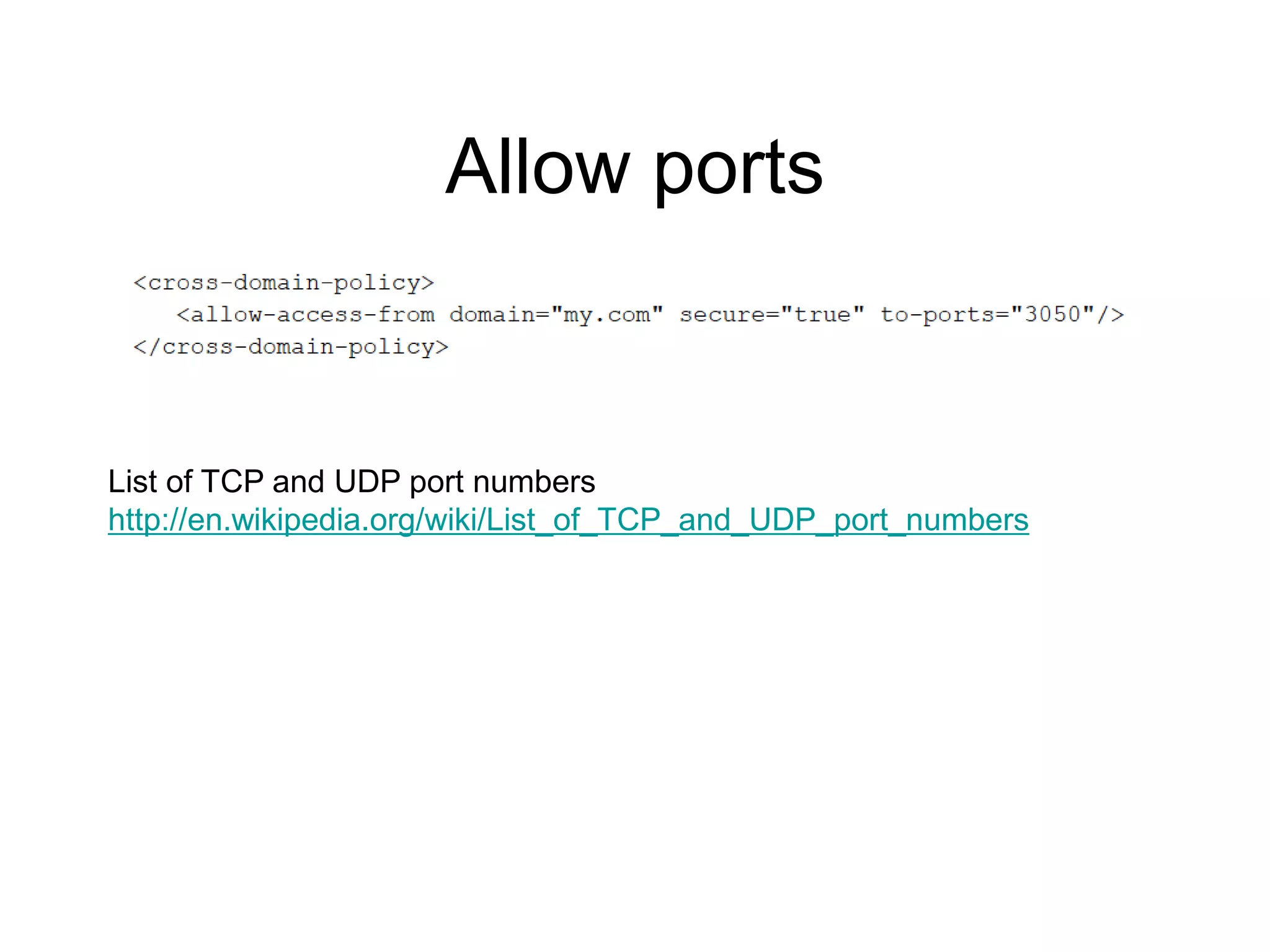 Cross Domain PolicyAt this point we are loading the accessed application from the same domain; however, if you place the accessed application and the accessing application on two separate domains and place a domain policy that allows accessing the domain from any domain, as in this example below, it will work. 
