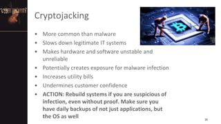 Cryptojacking
• More common than malware
• Slows down legitimate IT systems
• Makes hardware and software unstable and
unreliable
• Potentially creates exposure for malware infection
• Increases utility bills
• Undermines customer confidence
• ACTION: Rebuild systems if you are suspicious of
infection, even without proof. Make sure you
have daily backups of not just applications, but
the OS as well 20
 