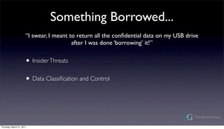 Something Borrowed...
                       I swear, I meant to return all the con?dential data on my USB drive
                                          after I was done borrowing it!


                       ? Insider Threats
                       ? Data Classi?cation and Control



Thursday, March 31, 2011
 