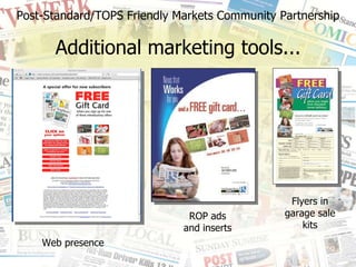 Post-Standard/TOPS Friendly Markets Community Partnership Additional marketing tools... Web presence ROP ads and inserts Flyers in garage sale kits 