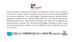 Suyati provides marketing technology and integration services for companies
that wish to combine the best of breed solutions and create a unified approach
to customer acquisition. This unified digital marketing approach requires system
integration between various CMS and CRM platforms, and a slew of eCommerce,
Marketing Automation, Social Media Listening, email and social marketing, and
customer service systems. Our specialized knowledge in Salesforce, open source
and .Net based systems enables us to build effective custom integrated solutions
for our clients.
 
