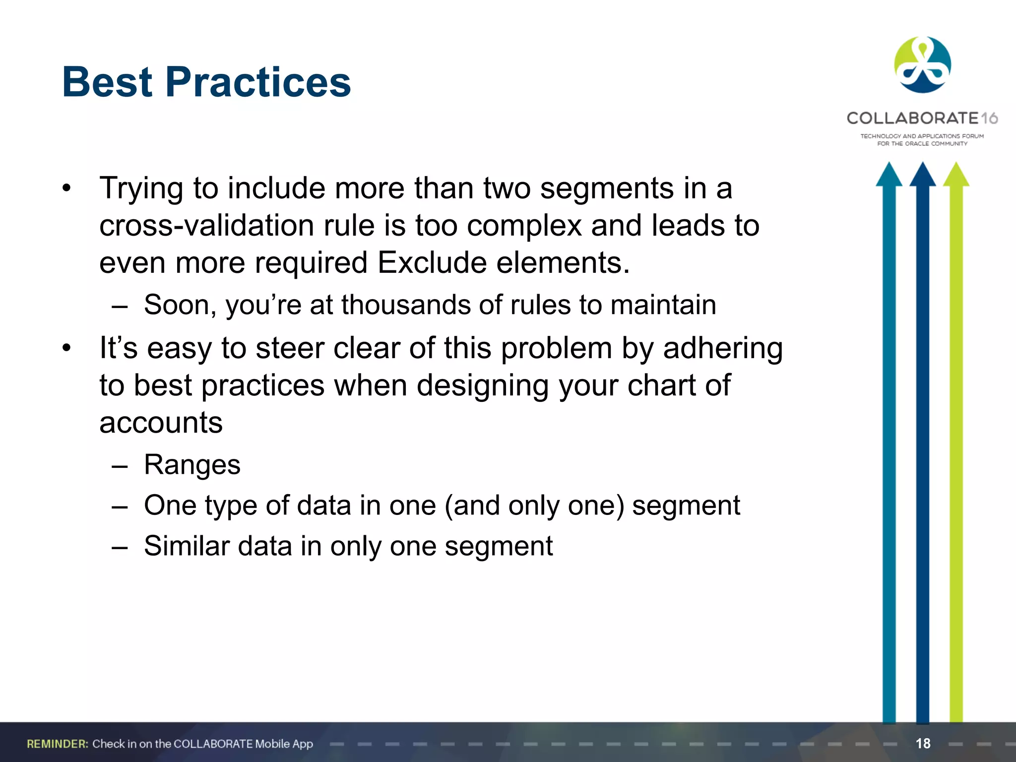 Best Practices
• Trying to include more than two segments in a
cross-validation rule is too complex and leads to
even more required Exclude elements.
– Soon, you’re at thousands of rules to maintain
• It’s easy to steer clear of this problem by adhering
to best practices when designing your chart of
accounts
– Ranges
– One type of data in one (and only one) segment
– Similar data in only one segment
18
 