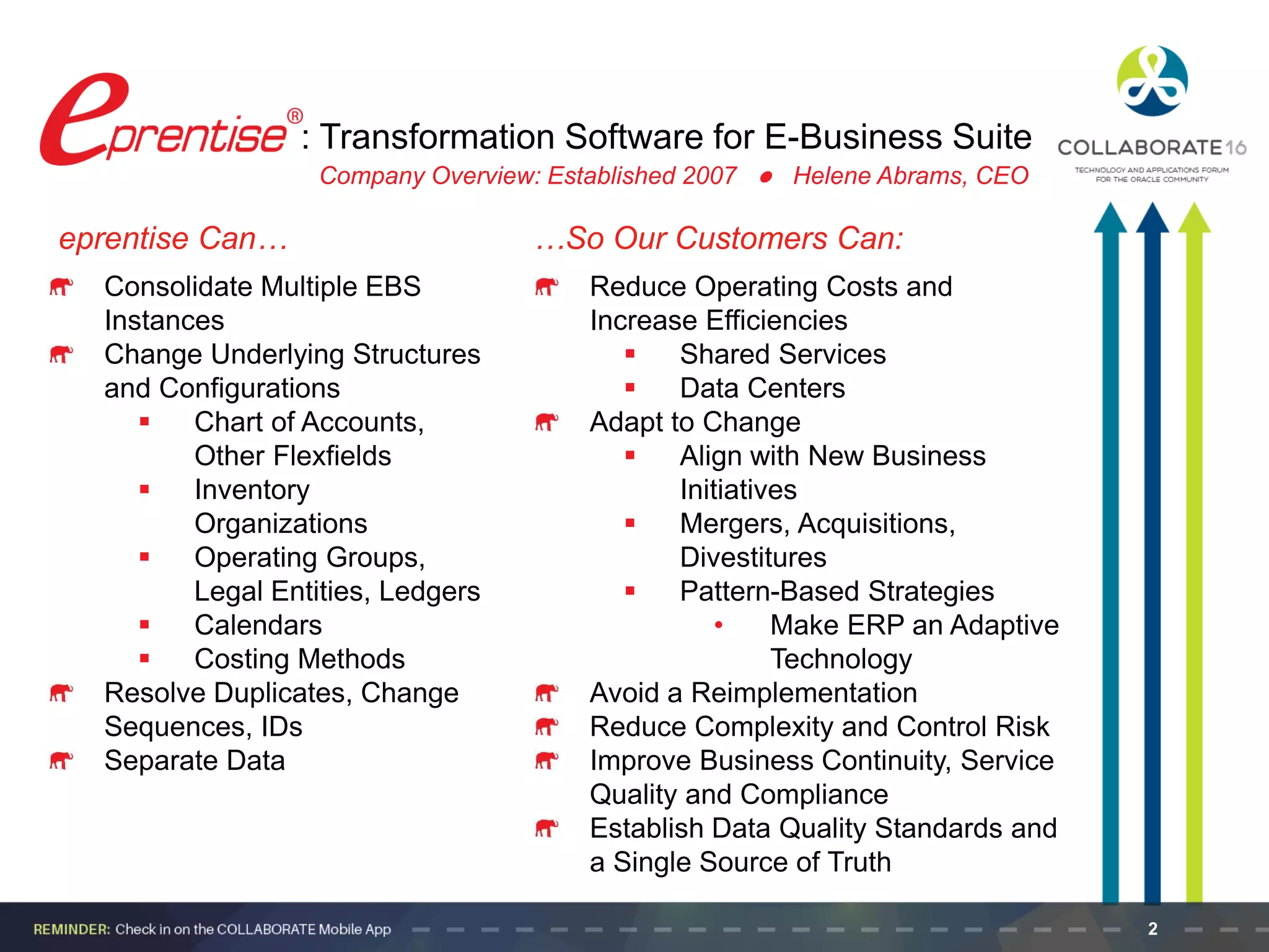 2
eprentise Can… …So Our Customers Can:
Consolidate Multiple EBS
Instances
Change Underlying Structures
and Configurations
 Chart of Accounts,
Other Flexfields
 Inventory
Organizations
 Operating Groups,
Legal Entities, Ledgers
 Calendars
 Costing Methods
Resolve Duplicates, Change
Sequences, IDs
Separate Data
: Transformation Software for E-Business Suite
Reduce Operating Costs and
Increase Efficiencies
 Shared Services
 Data Centers
Adapt to Change
 Align with New Business
Initiatives
 Mergers, Acquisitions,
Divestitures
 Pattern-Based Strategies
• Make ERP an Adaptive
Technology
Avoid a Reimplementation
Reduce Complexity and Control Risk
Improve Business Continuity, Service
Quality and Compliance
Establish Data Quality Standards and
a Single Source of Truth
Company Overview: Established 2007 l Helene Abrams, CEO
 