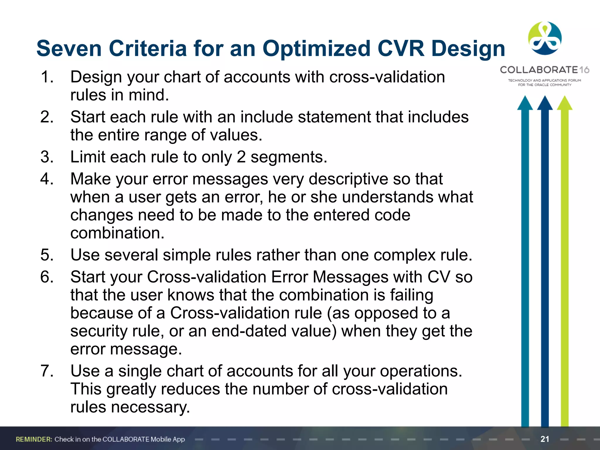 Seven Criteria for an Optimized CVR Design
1. Design your chart of accounts with cross-validation
rules in mind.
2. Start each rule with an include statement that includes
the entire range of values.
3. Limit each rule to only 2 segments.
4. Make your error messages very descriptive so that
when a user gets an error, he or she understands what
changes need to be made to the entered code
combination.
5. Use several simple rules rather than one complex rule.
6. Start your Cross-validation Error Messages with CV so
that the user knows that the combination is failing
because of a Cross-validation rule (as opposed to a
security rule, or an end-dated value) when they get the
error message.
7. Use a single chart of accounts for all your operations.
This greatly reduces the number of cross-validation
rules necessary.
21
 