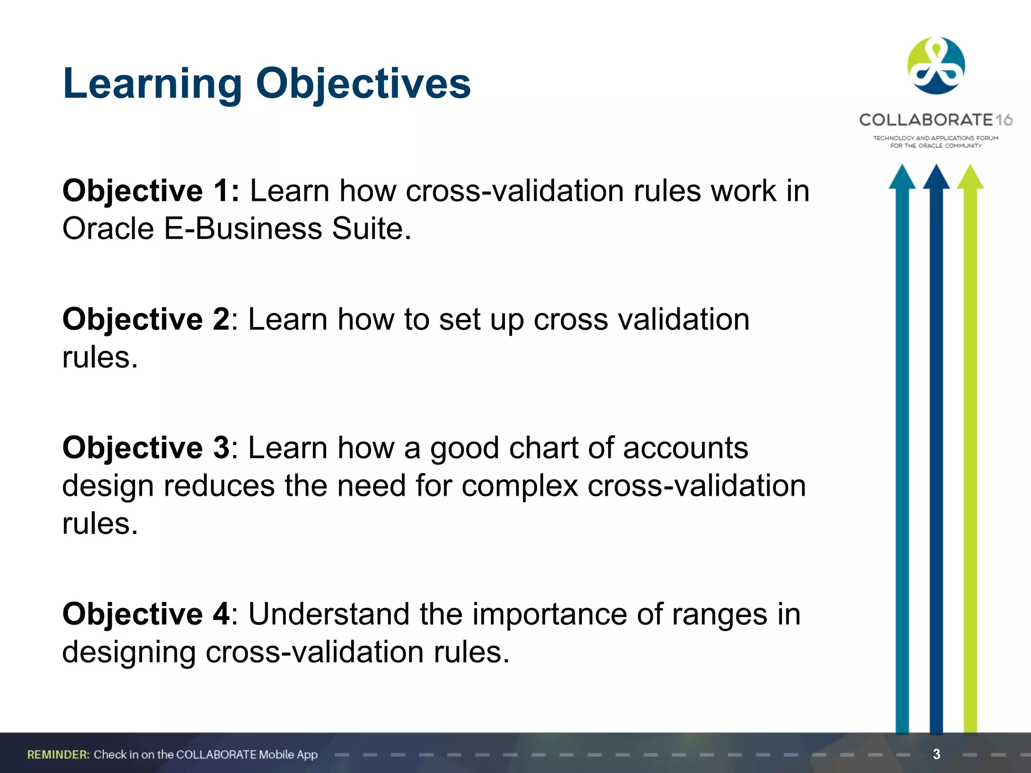 Learning Objectives
Objective 1: Learn how cross-validation rules work in
Oracle E-Business Suite.
Objective 2: Learn how to set up cross validation
rules.
Objective 3: Learn how a good chart of accounts
design reduces the need for complex cross-validation
rules.
Objective 4: Understand the importance of ranges in
designing cross-validation rules.
3
 