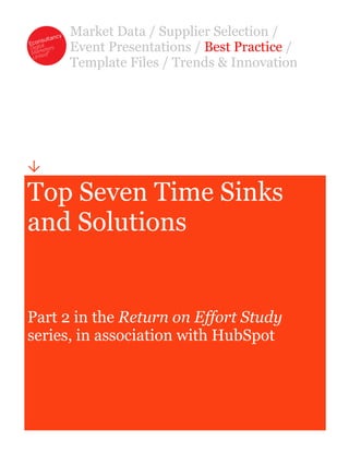 Market Data / Supplier Selection /
     Event Presentations / Best Practice /
     Template Files / Trends & Innovation





Top Seven Time Sinks
and Solutions


Part 2 in the Return on Effort Study
series, in association with HubSpot
 