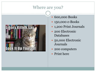 Where are you?
 600,000 Books
 150,000 e-Books
 1,200 Print Journals
 200 Electronic
Databases
 50,000 Electronic
Journals
 200 computers
 Print here
 