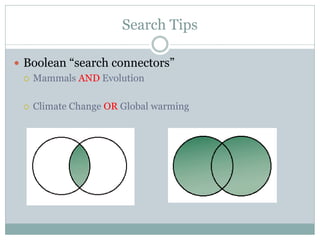 Search Tips
 Boolean “search connectors”
 Mammals AND Evolution
 Climate Change OR Global warming
 