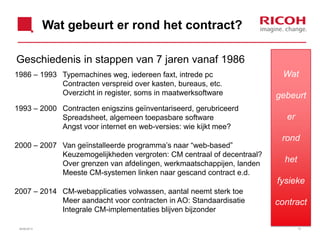Wat gebeurt er rond het contract?
Geschiedenis in stappen van 7 jaren vanaf 1986
1986 – 1993 Typemachines weg, iedereen faxt, intrede pc
Contracten verspreid over kasten, bureaus, etc.
Overzicht in register, soms in maatwerksoftware
1993 – 2000 Contracten enigszins geïnventariseerd, gerubriceerd
Spreadsheet, algemeen toepasbare software
Angst voor internet en web-versies: wie kijkt mee?
2000 – 2007 Van geïnstalleerde programma’s naar “web-based”
Keuzemogelijkheden vergroten: CM centraal of decentraal?
Over grenzen van afdelingen, werkmaatschappijen, landen
Meeste CM-systemen linken naar gescand contract e.d.
2007 – 2014 CM-webapplicaties volwassen, aantal neemt sterk toe
Meer aandacht voor contracten in AO: Standaardisatie
Integrale CM-implementaties blijven bijzonder
26/06/2013 10
Wat
gebeurt
er
rond
het
fysieke
contract
 